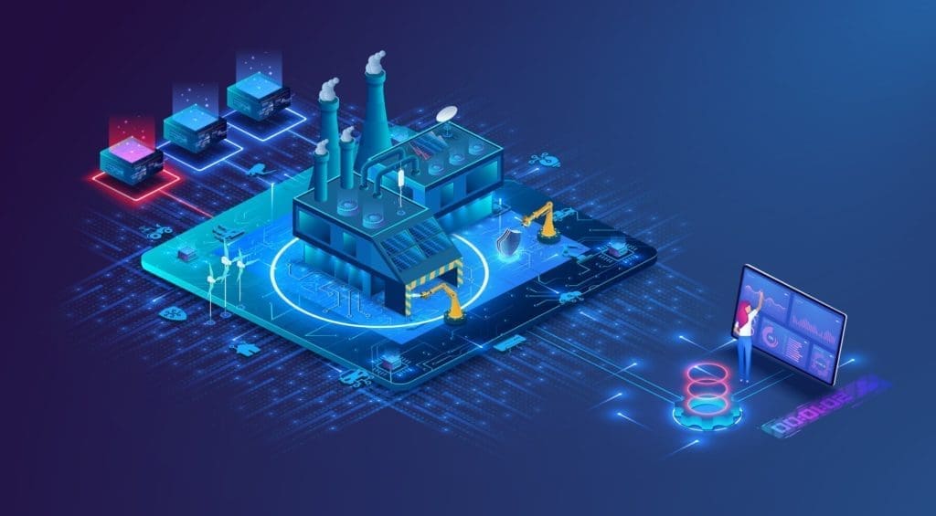 Vector de planta de producción inteligente con KPIs en tiempo real.